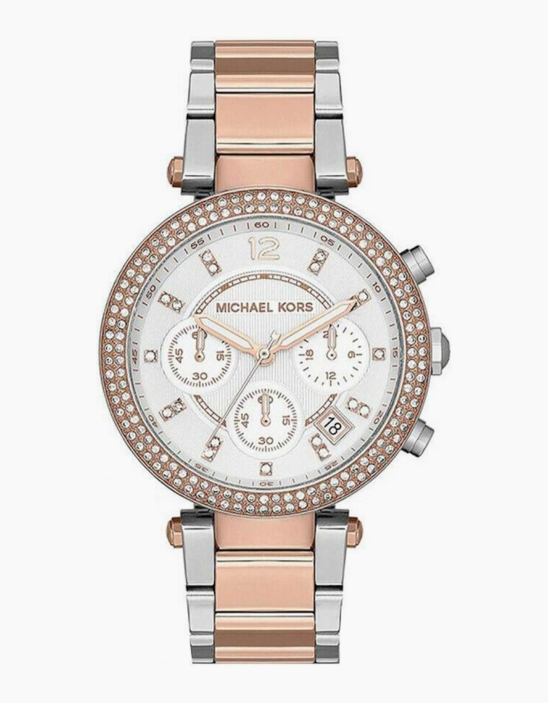 Michael Kors Designer Ladies Parker Silver & Rose Gold Chronograph Watch MK5820