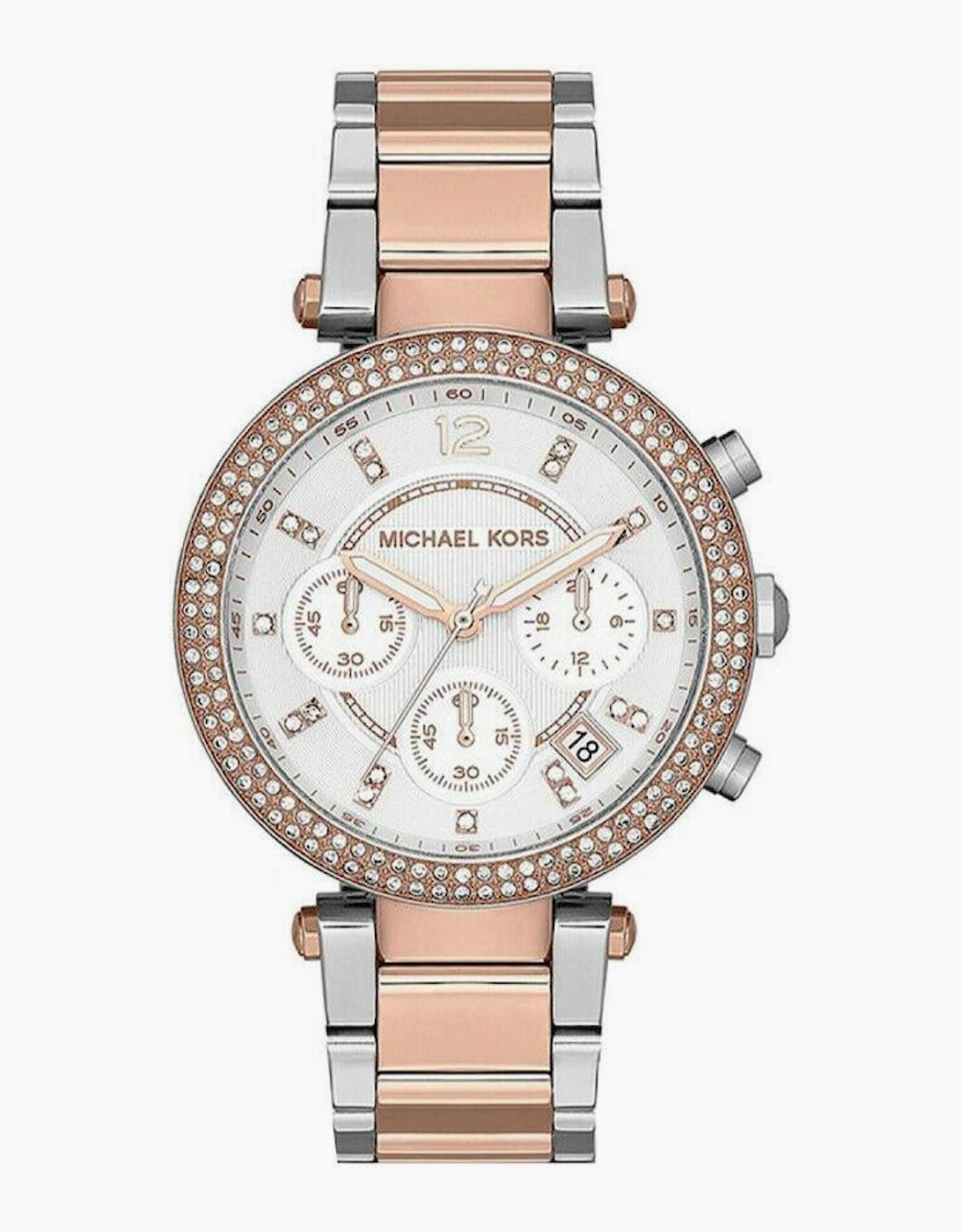 Michael Kors Designer Ladies Parker Silver & Rose Gold Chronograph Watch MK5820