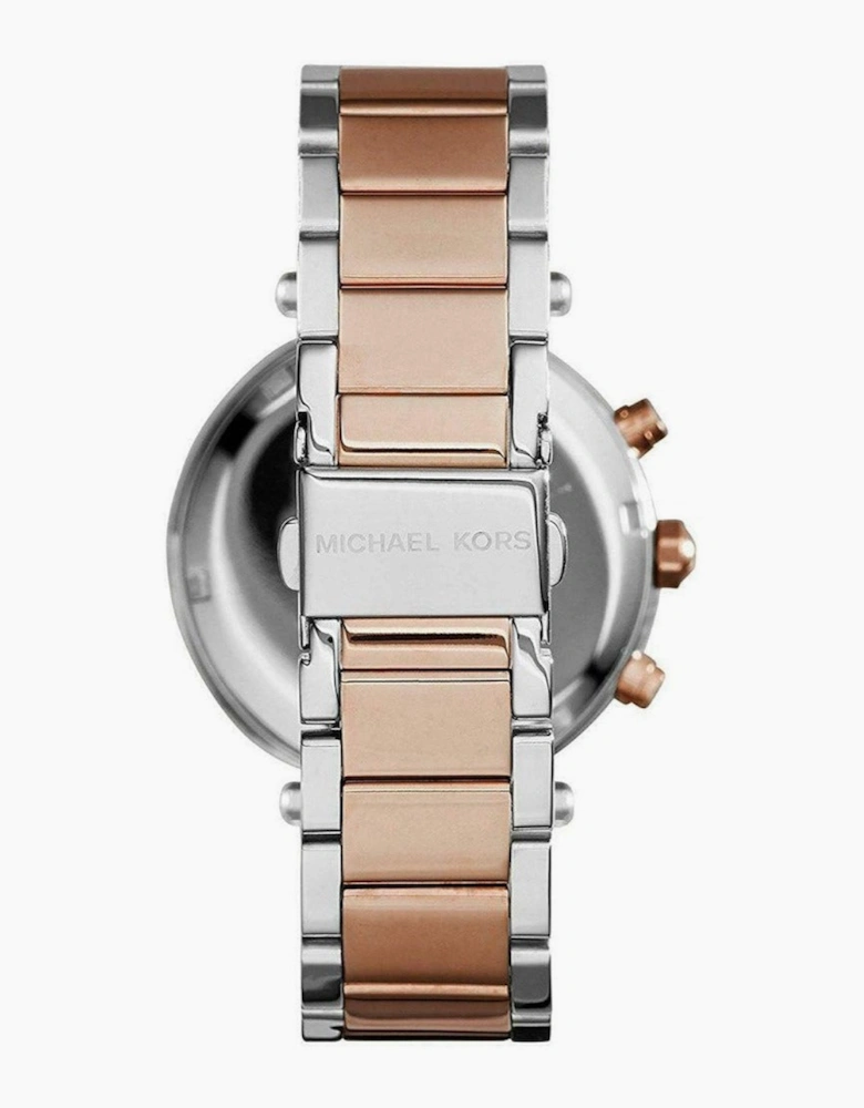 Michael Kors Designer Ladies Parker Silver & Rose Gold Chronograph Watch MK5820
