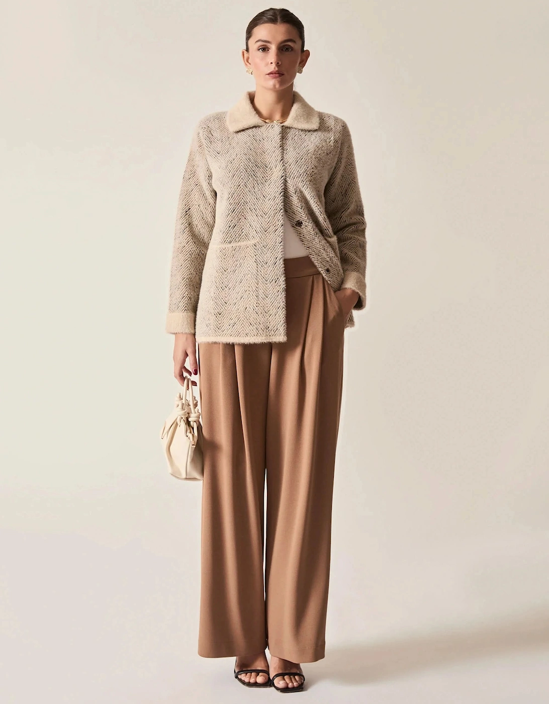 Beige Herringbone Knitted Jacket