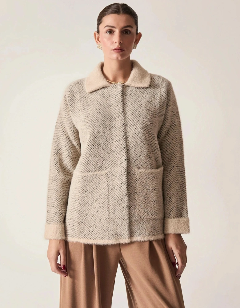 Beige Herringbone Knitted Jacket