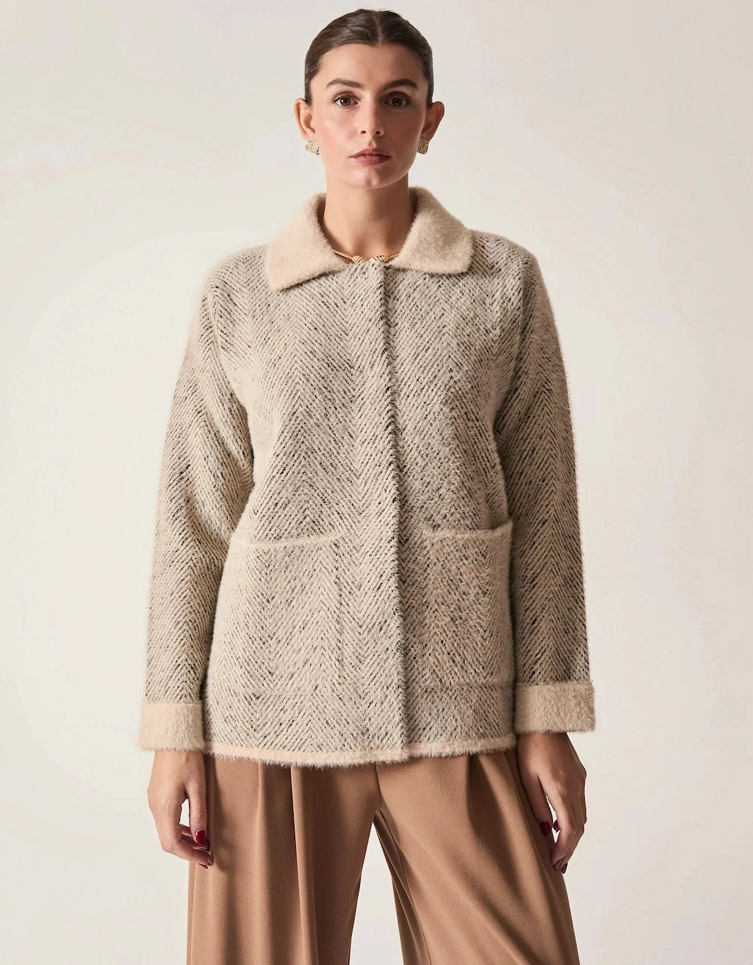 Beige Herringbone Knitted Jacket