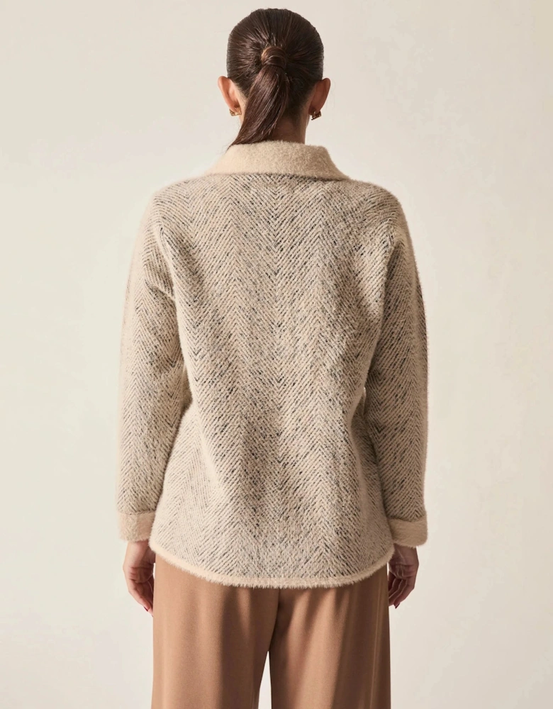 Beige Herringbone Knitted Jacket