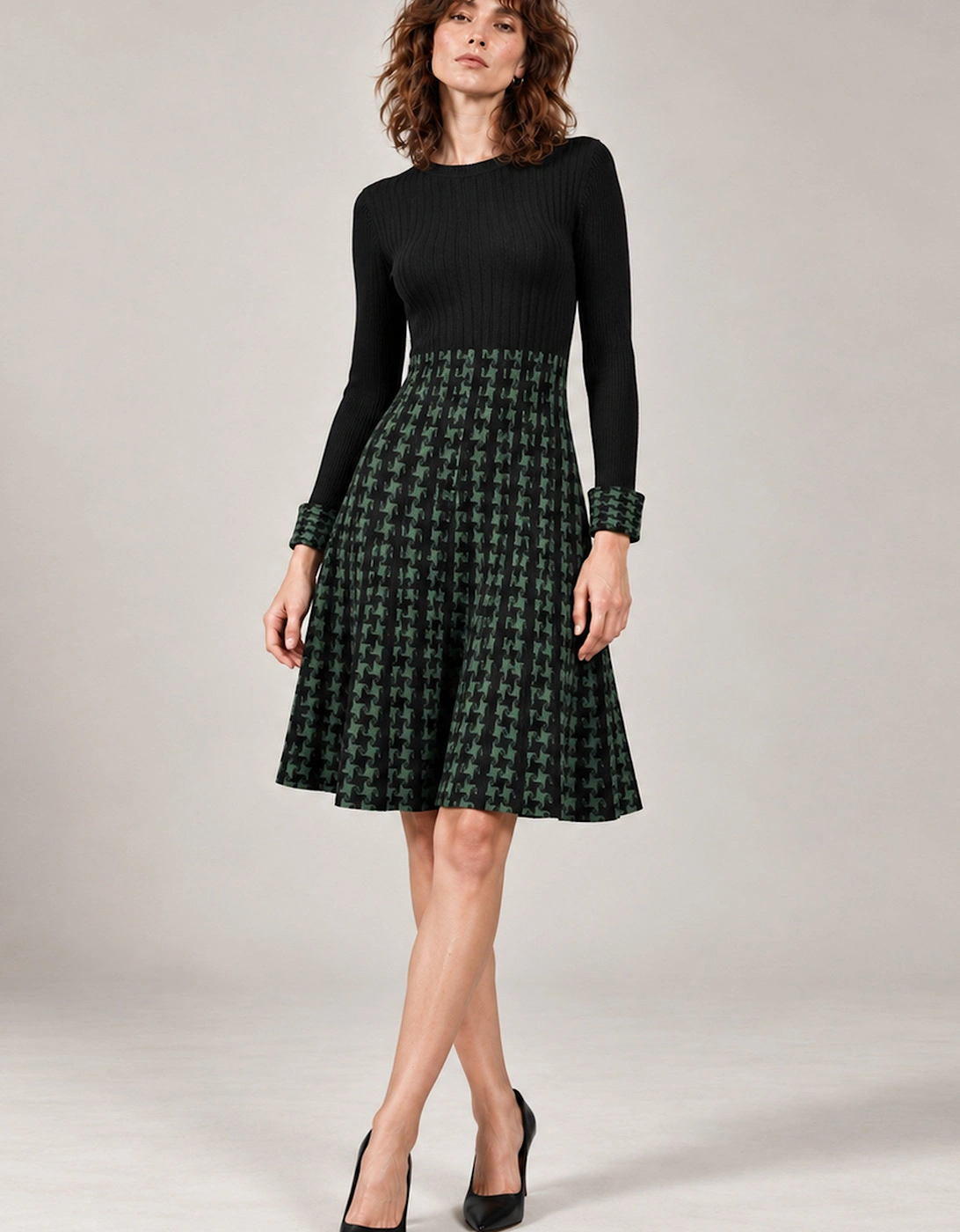 Black & Green Houndstooth Knitted Dress