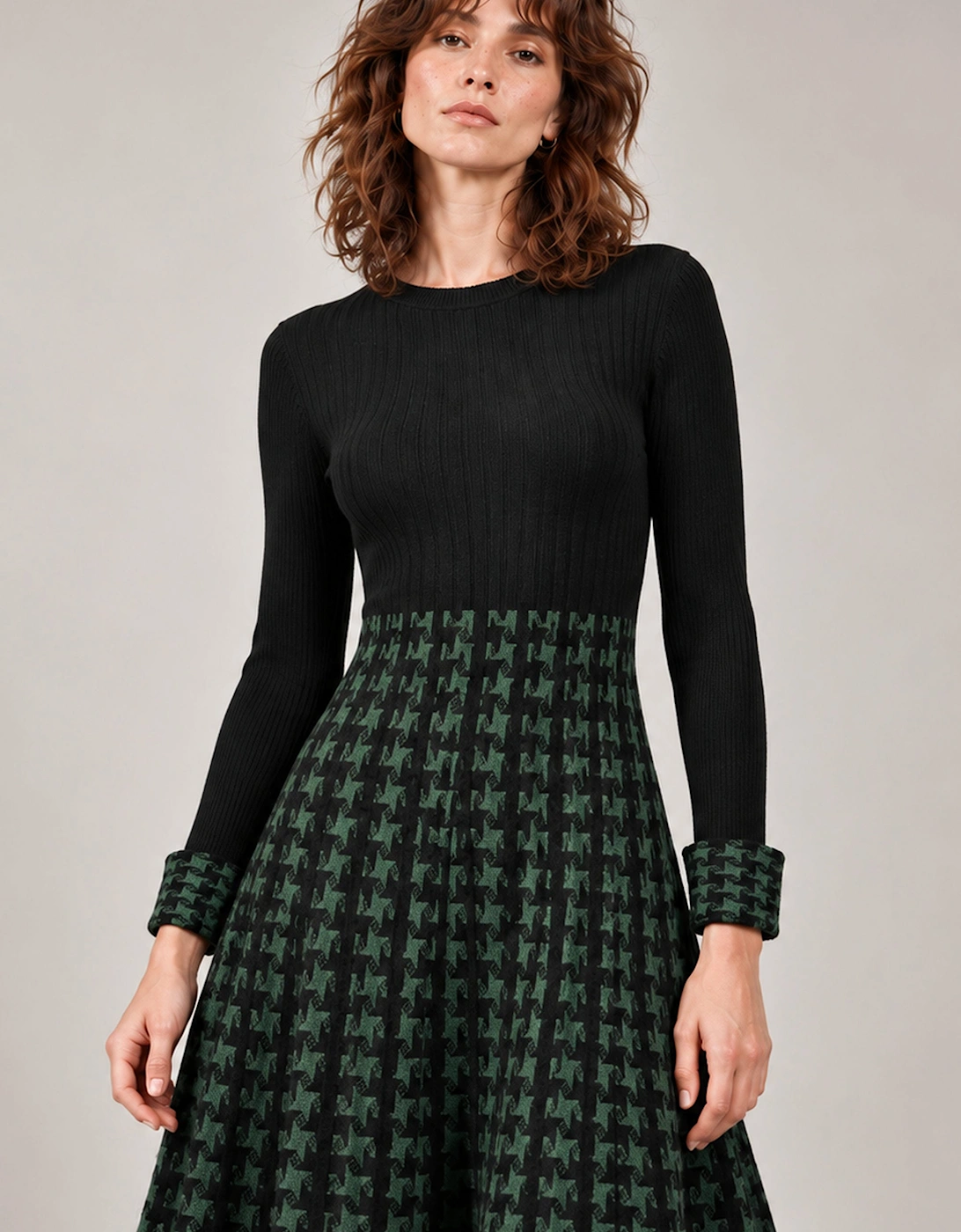 Black & Green Houndstooth Knitted Dress