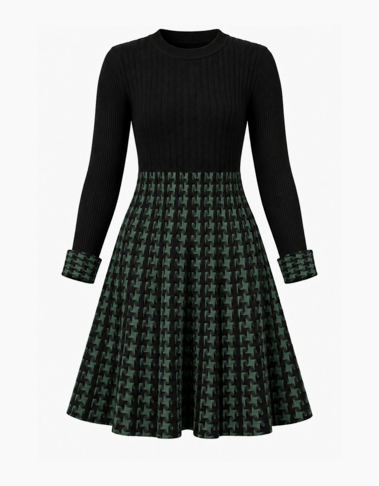 Black & Green Houndstooth Knitted Dress
