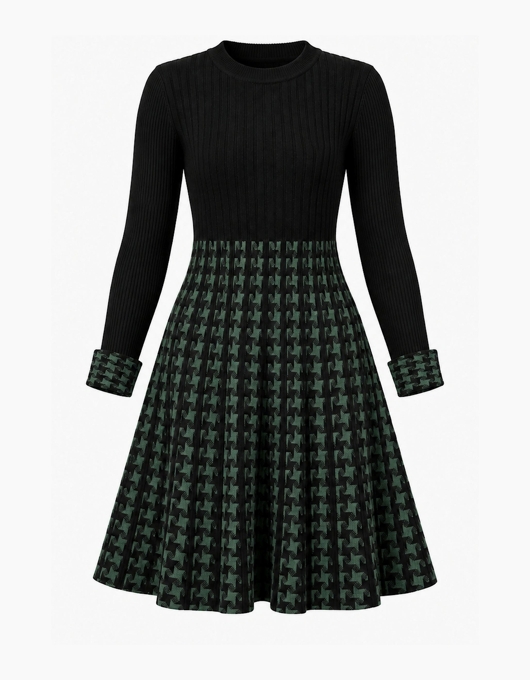 Black & Green Houndstooth Knitted Dress