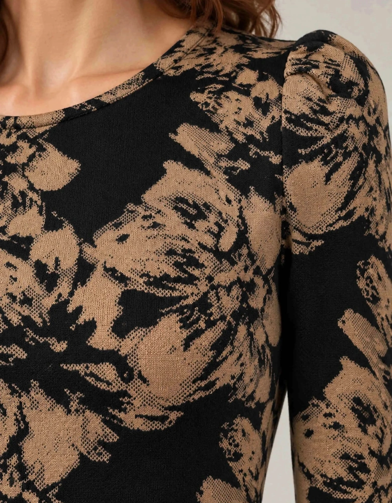 Black & Camel Floral Long-Sleeve Midi Dress