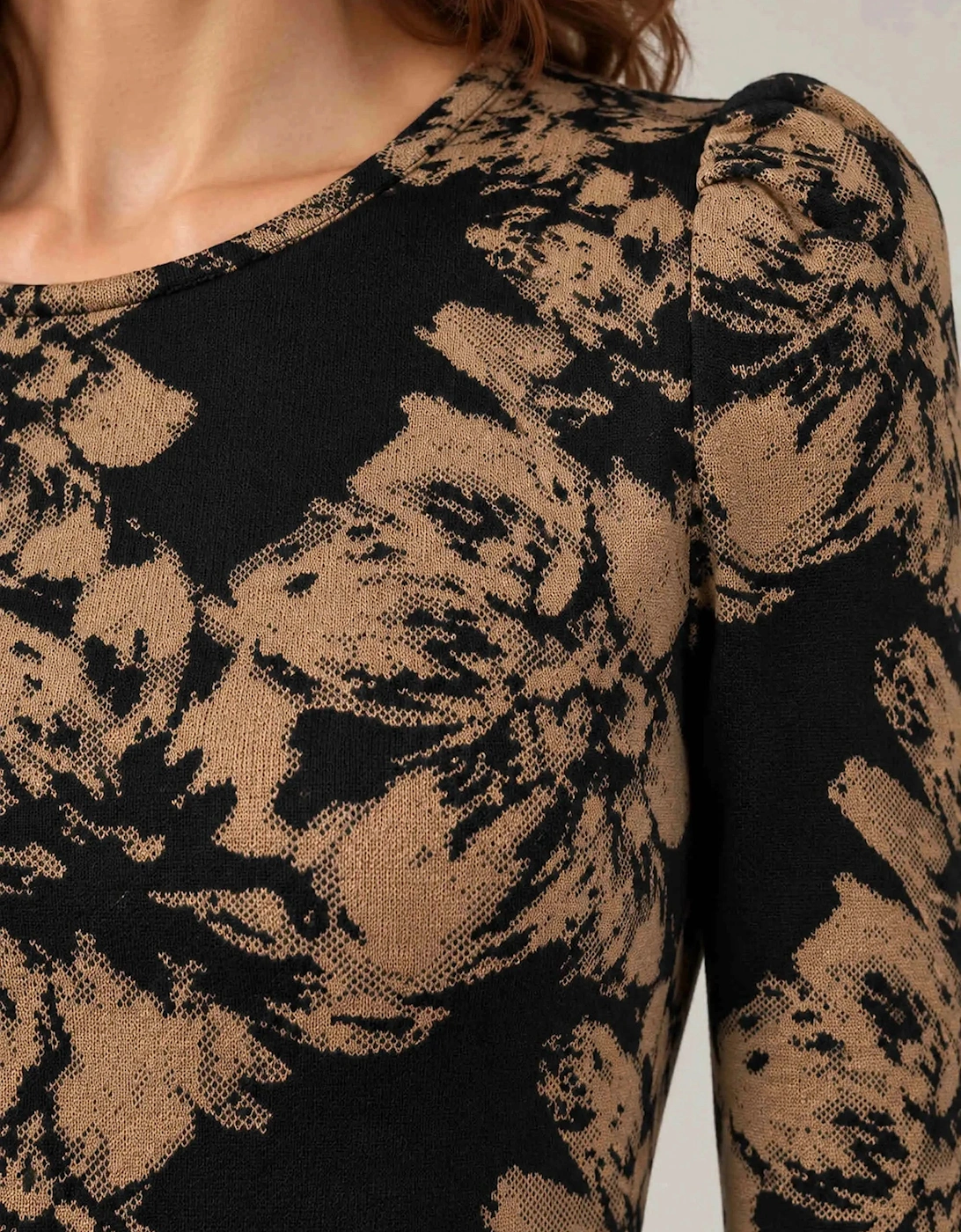 Black & Camel Floral Long-Sleeve Midi Dress