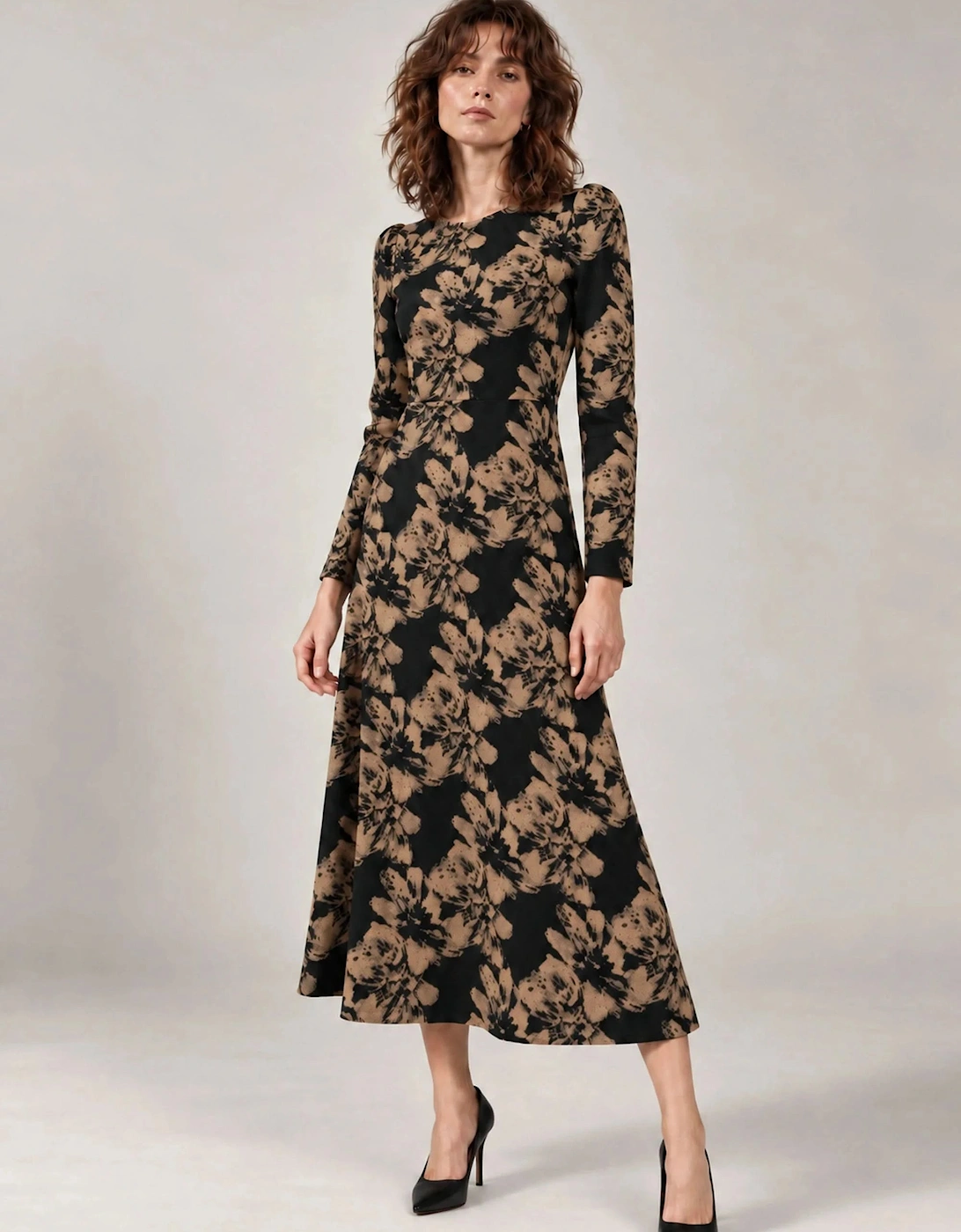 James Lakeland Women's Black & Camel Floral Long-Sleeve Midi Dress - Size: 10