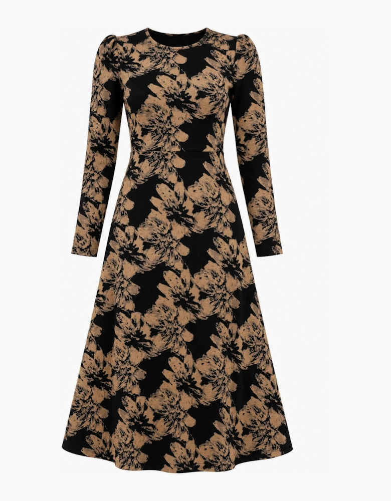 Black & Camel Floral Long-Sleeve Midi Dress