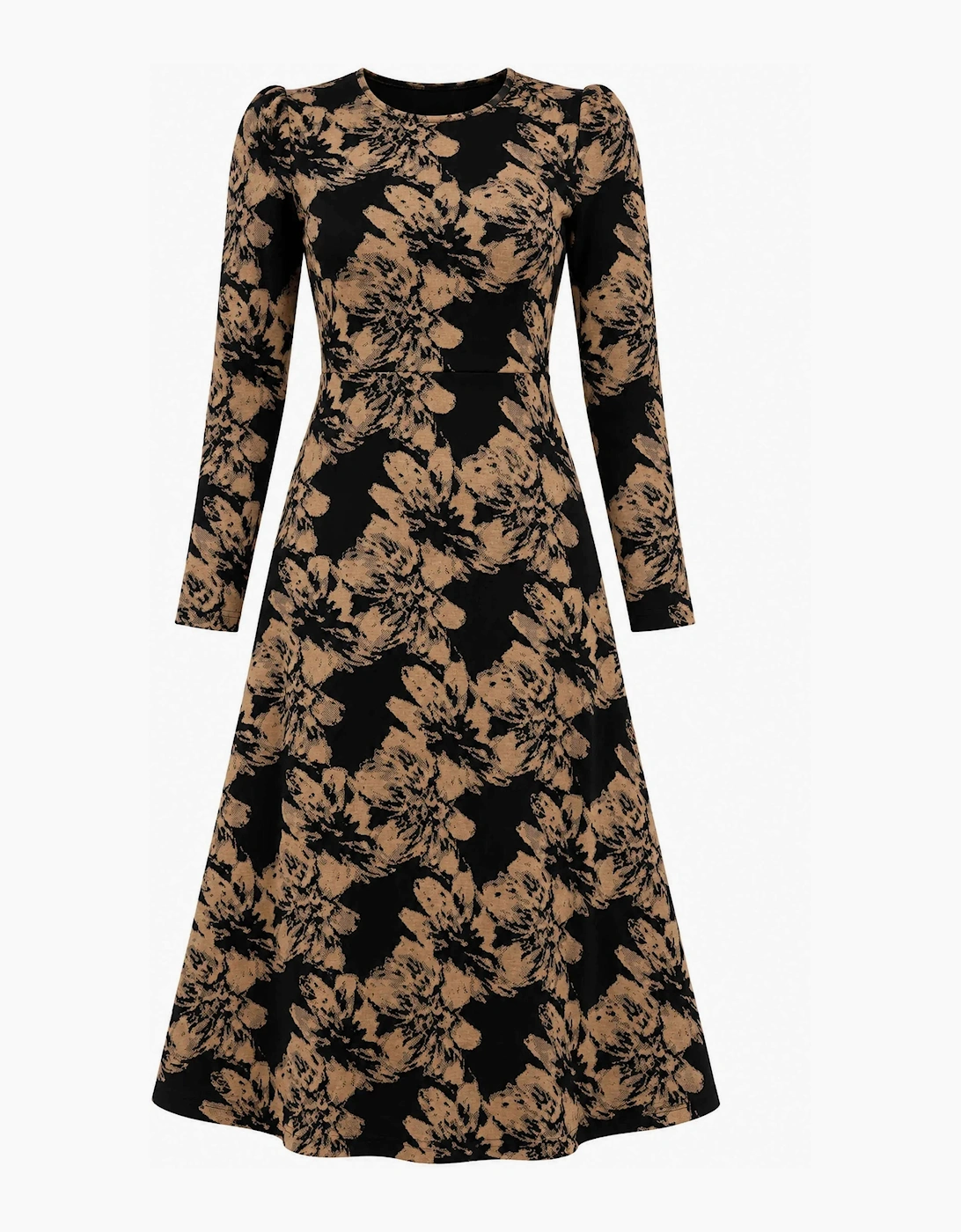Black & Camel Floral Long-Sleeve Midi Dress
