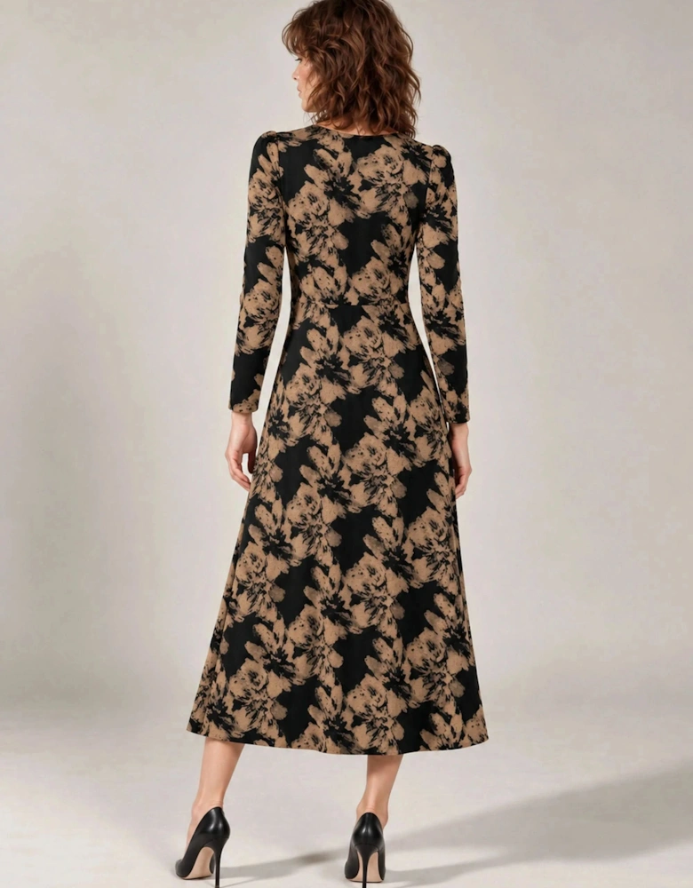 Black & Camel Floral Long-Sleeve Midi Dress