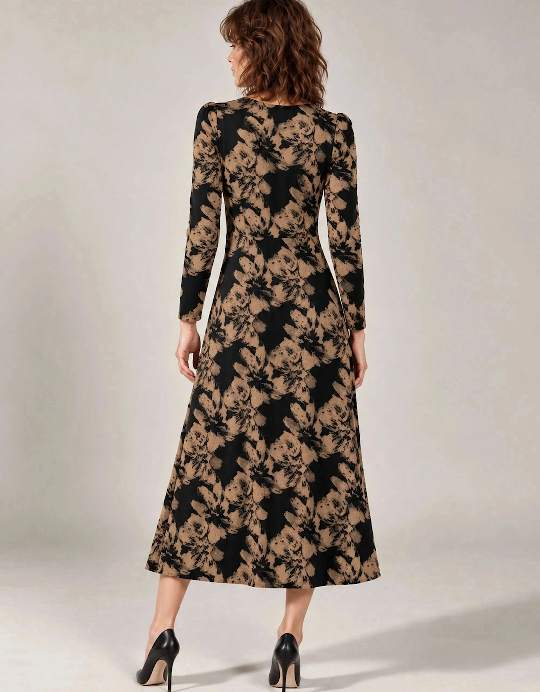 Black & Camel Floral Long-Sleeve Midi Dress