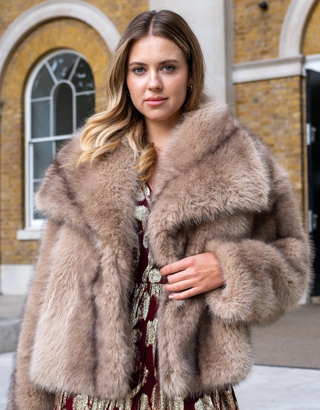 Camel Ombre Lapel Faux Fur Jacket