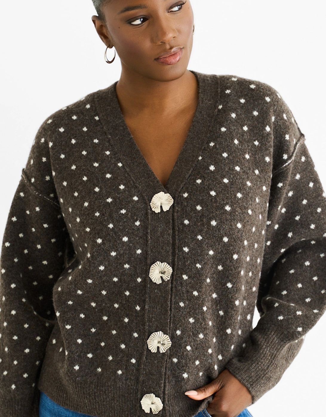 Chocolate Spot Print Button Cardigan Look Jumper