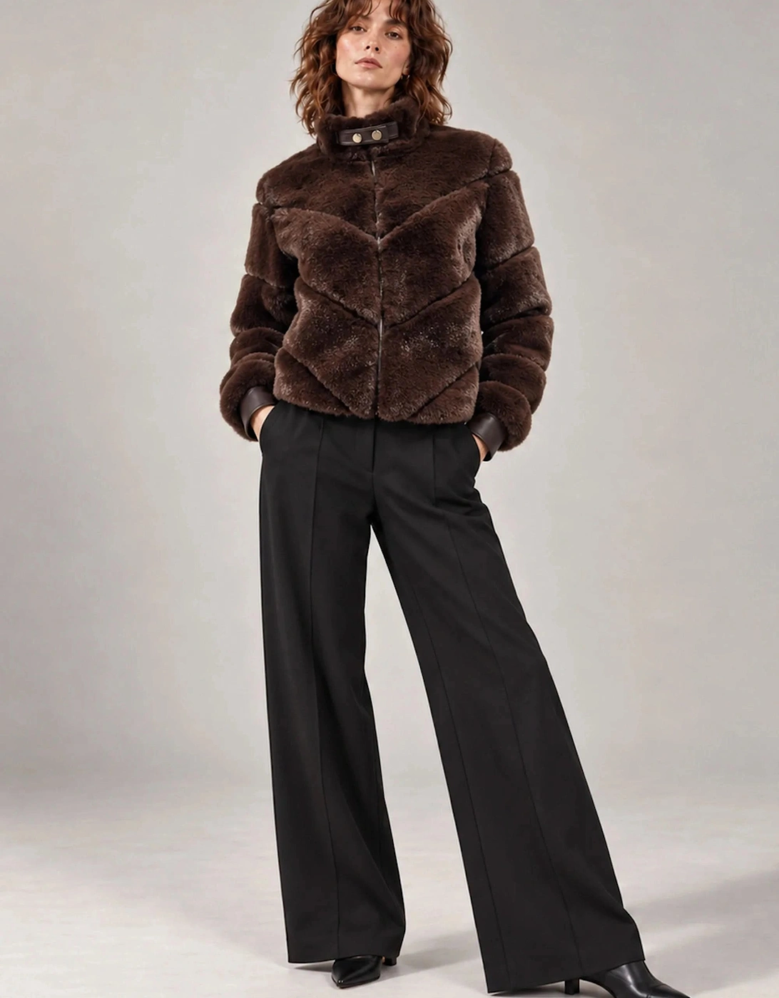 Chocolate Brown Chevron Faux-Fur Jacket