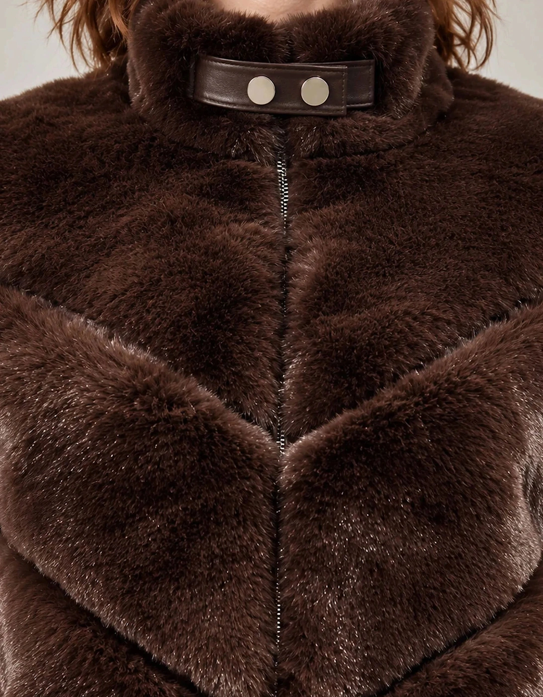 Chocolate Brown Chevron Faux-Fur Jacket