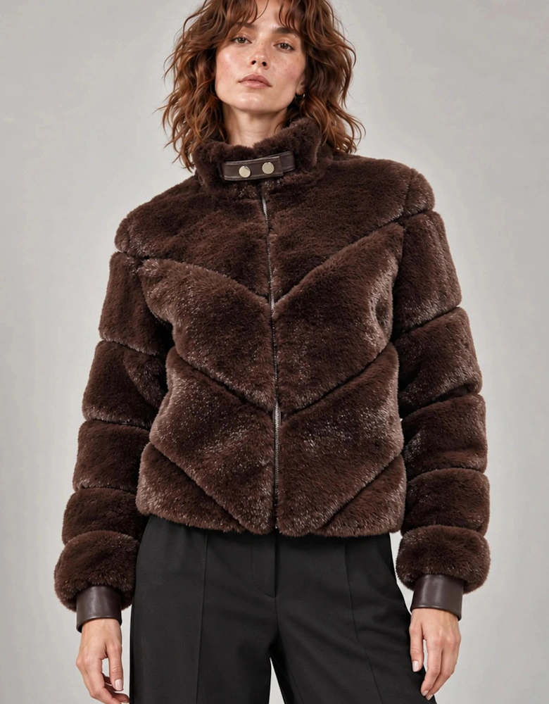 Chocolate Brown Chevron Faux-Fur Jacket