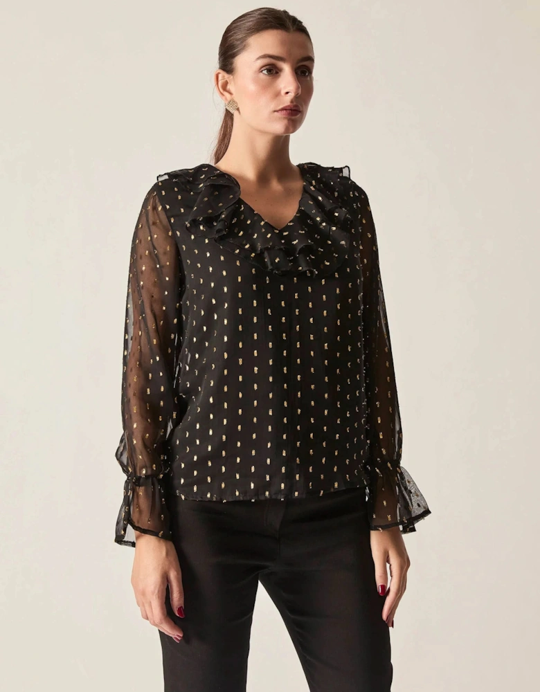 Black & Gold Metallic Ruffle Blouse