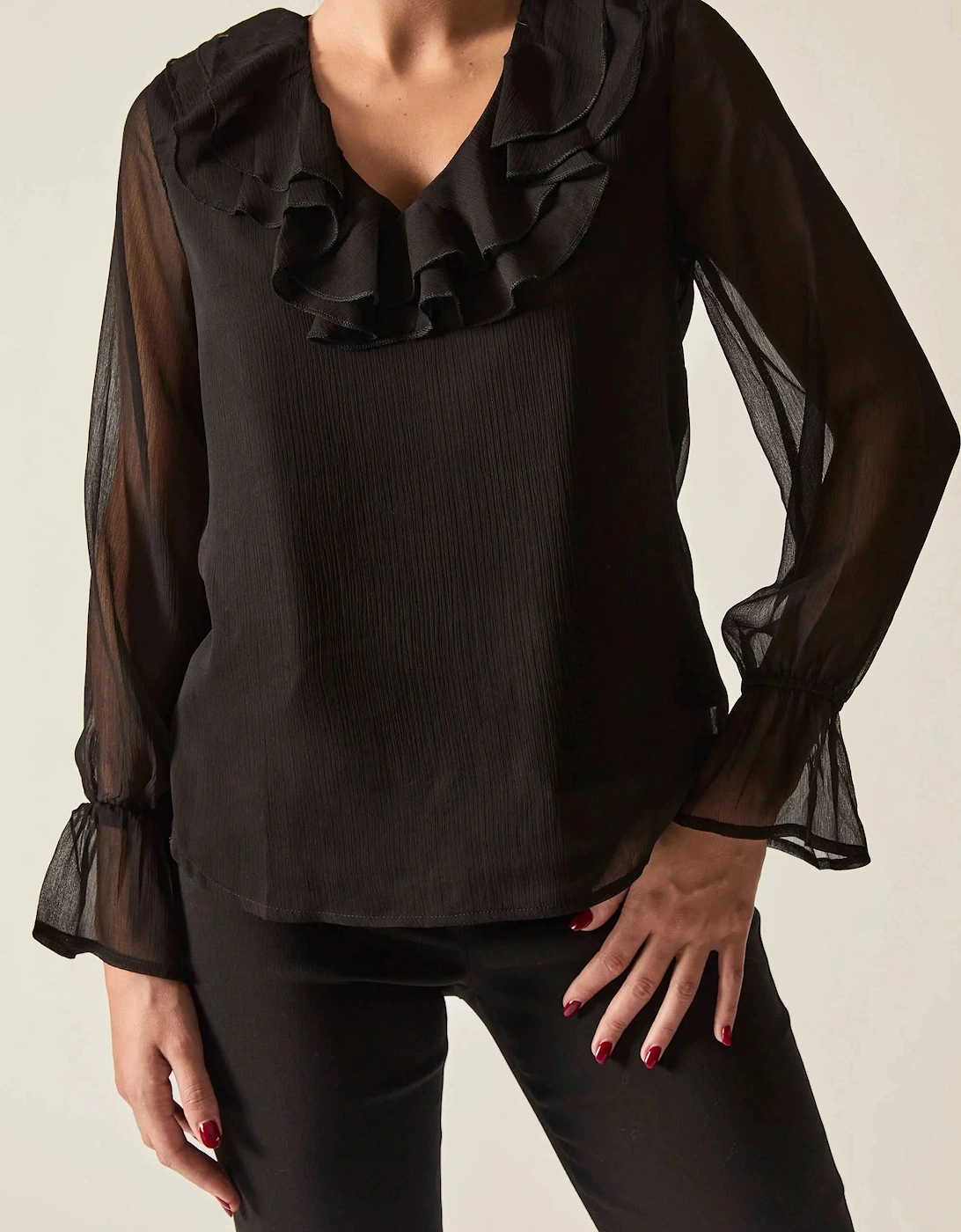 Black Sheer-Sleeve Ruffle Blouse