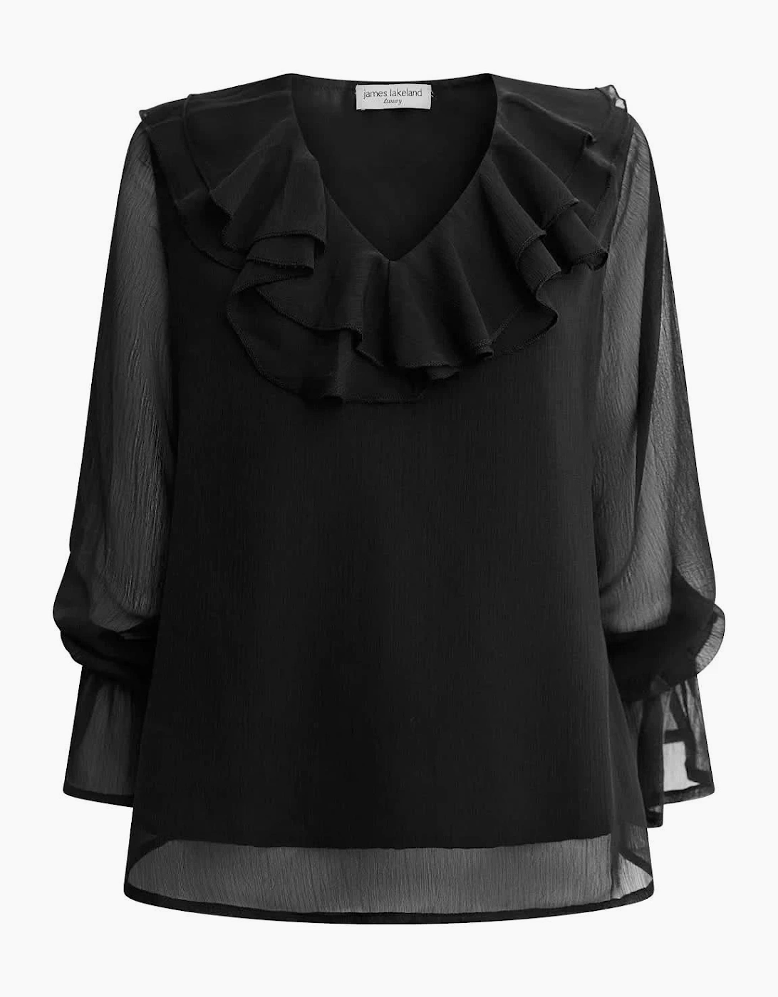 Black Sheer-Sleeve Ruffle Blouse