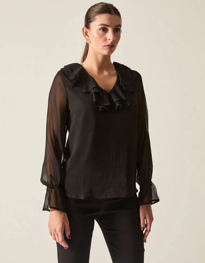 Black Sheer-Sleeve Ruffle Blouse