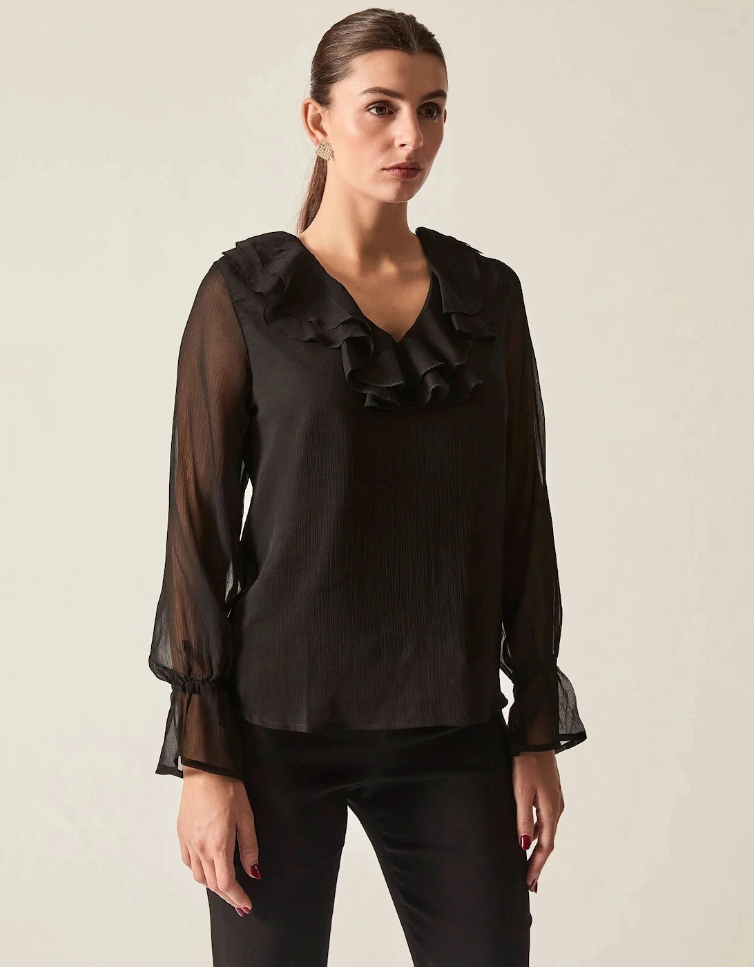 James Lakeland Black Ruffle Blouse with Sheer Sleeves for Women Size 8