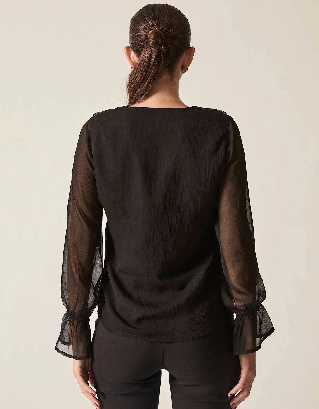 Black Sheer-Sleeve Ruffle Blouse
