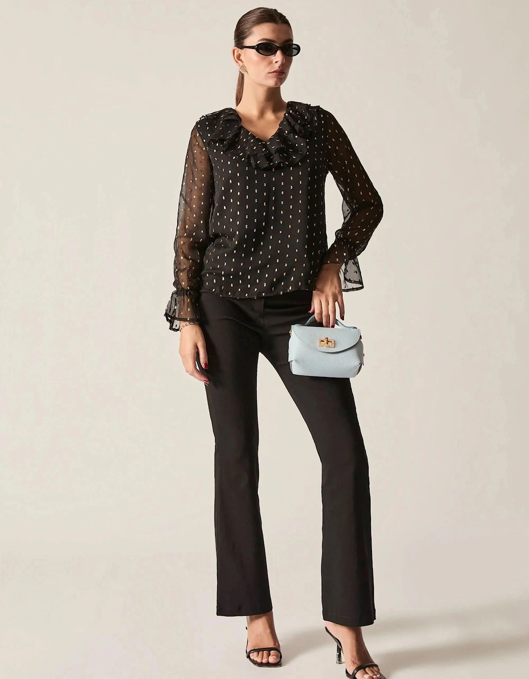 Black & Gold Metallic Ruffle Blouse