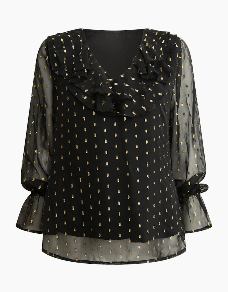 Black & Gold Metallic Ruffle Blouse