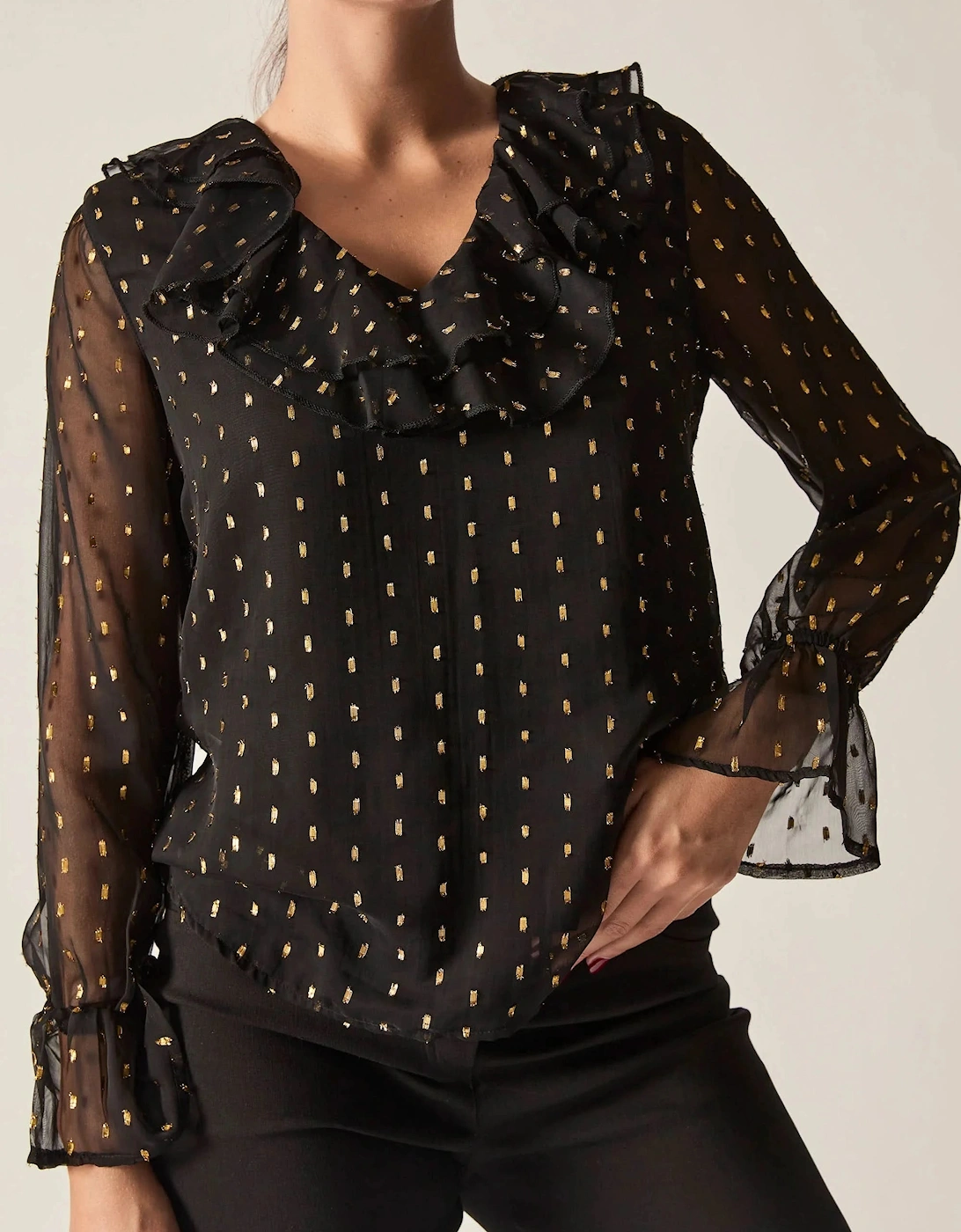 Black & Gold Metallic Ruffle Blouse