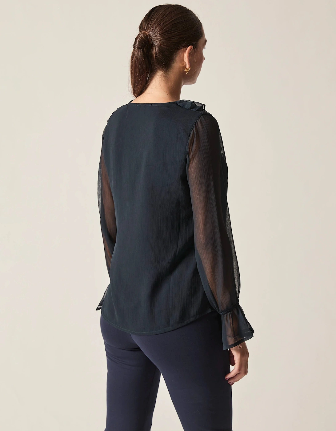 Navy Sheer-Sleeve Ruffle Blouse