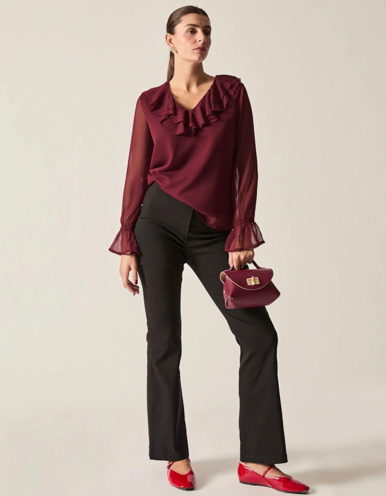 Burgundy Sheer-Sleeve Ruffle Blouse