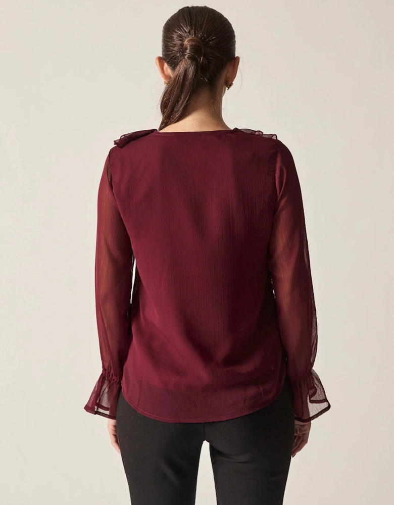 Burgundy Sheer-Sleeve Ruffle Blouse