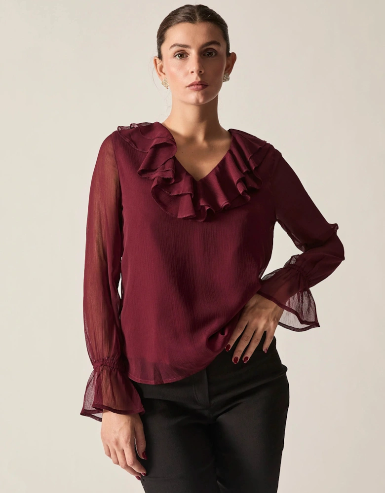 Burgundy Sheer-Sleeve Ruffle Blouse