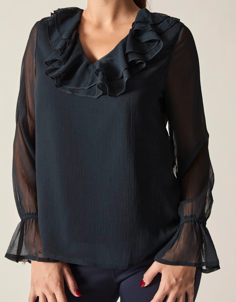 Navy Sheer-Sleeve Ruffle Blouse