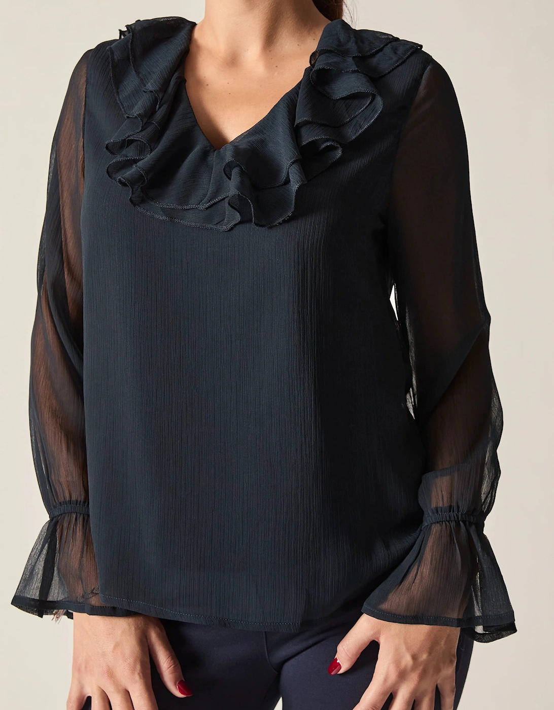 Navy Sheer-Sleeve Ruffle Blouse