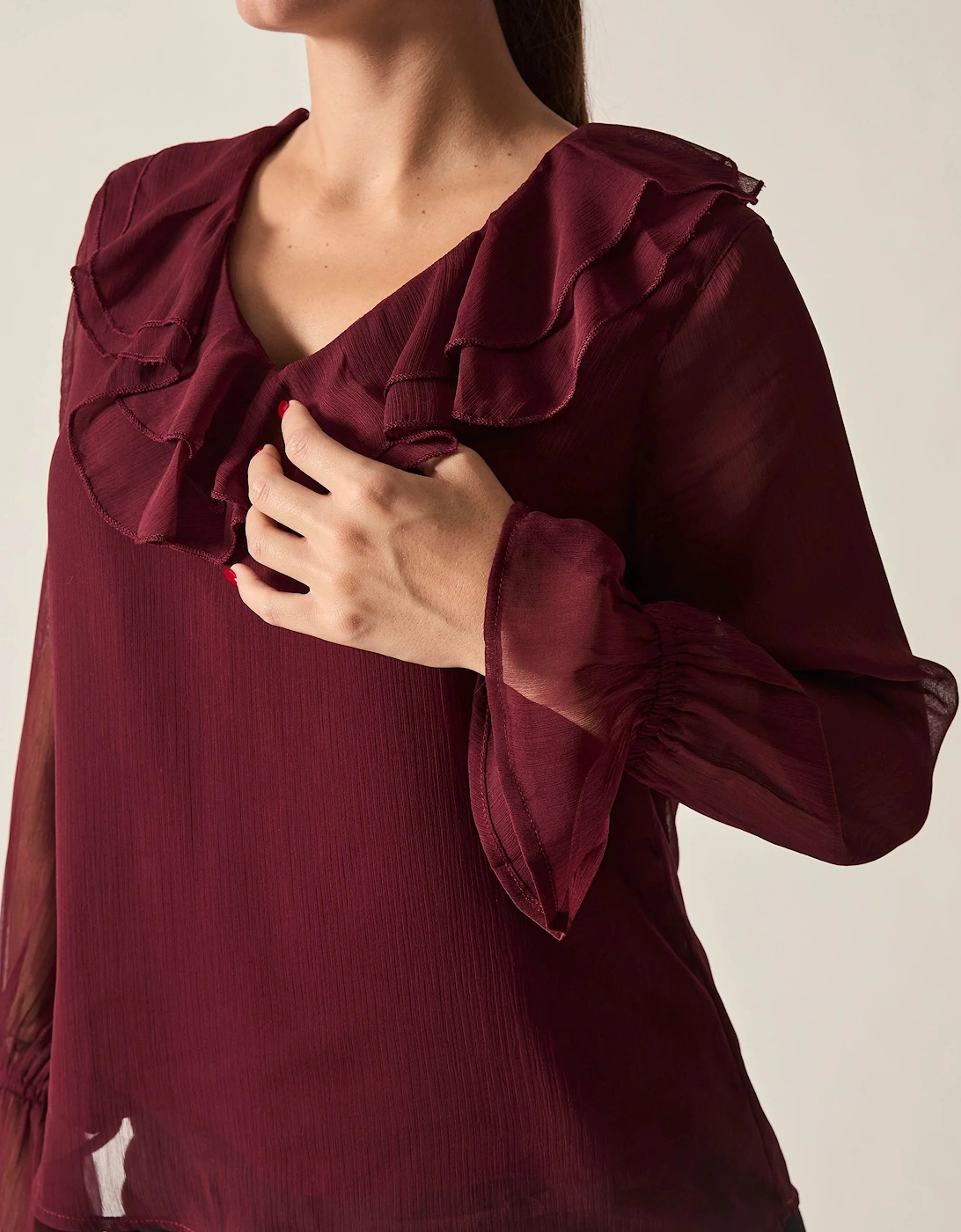 Burgundy Sheer-Sleeve Ruffle Blouse