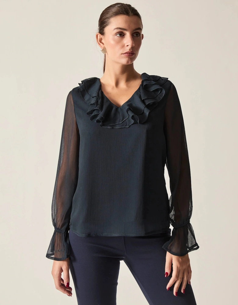 Navy Sheer-Sleeve Ruffle Blouse
