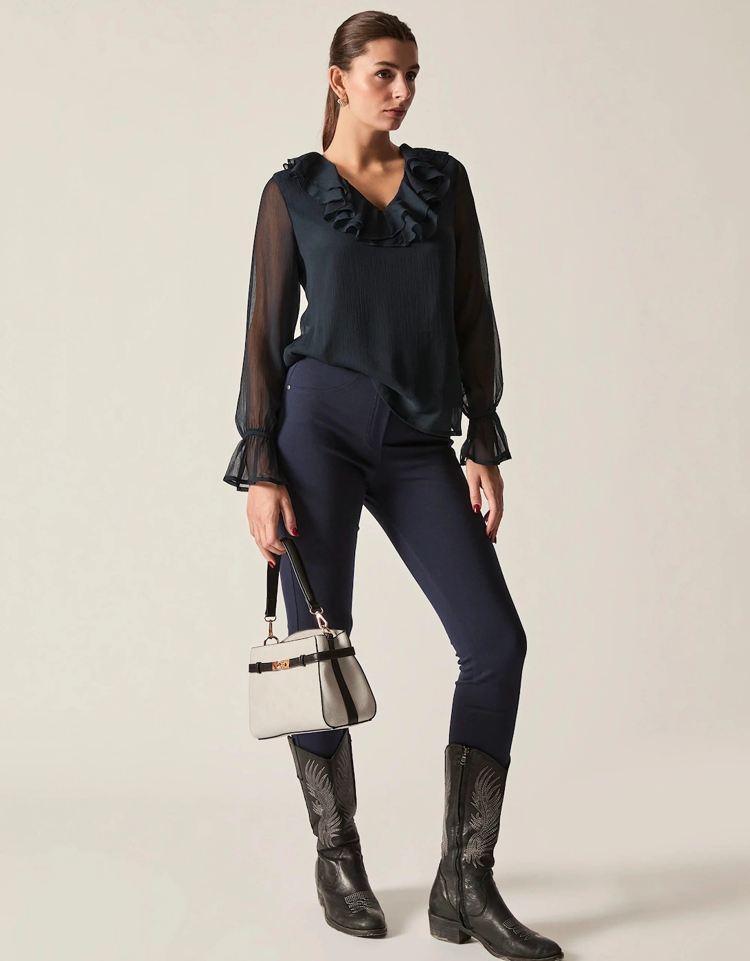 Navy Sheer-Sleeve Ruffle Blouse