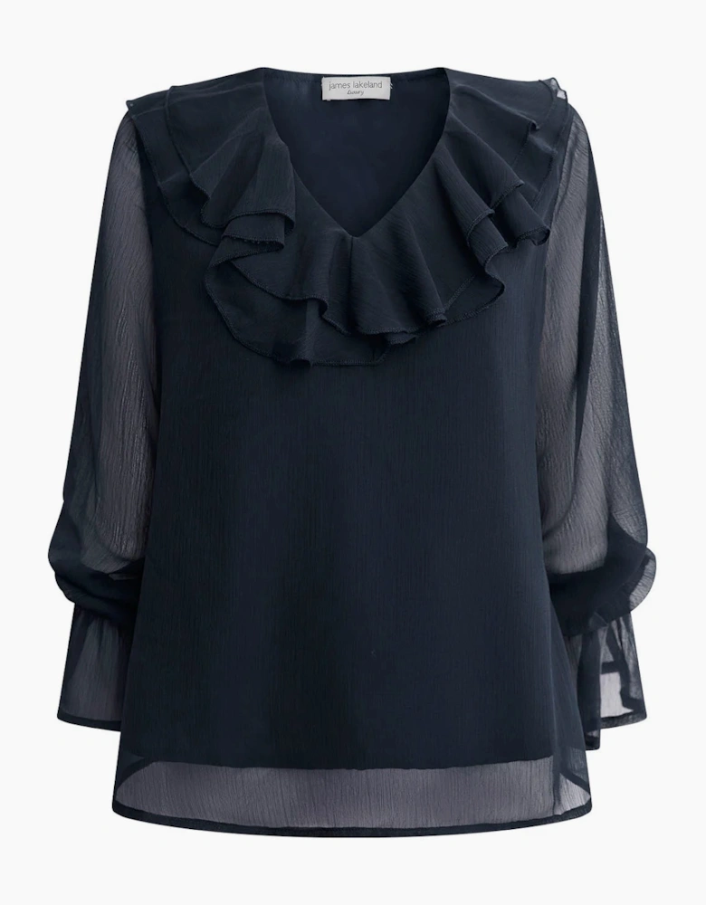 Navy Sheer-Sleeve Ruffle Blouse