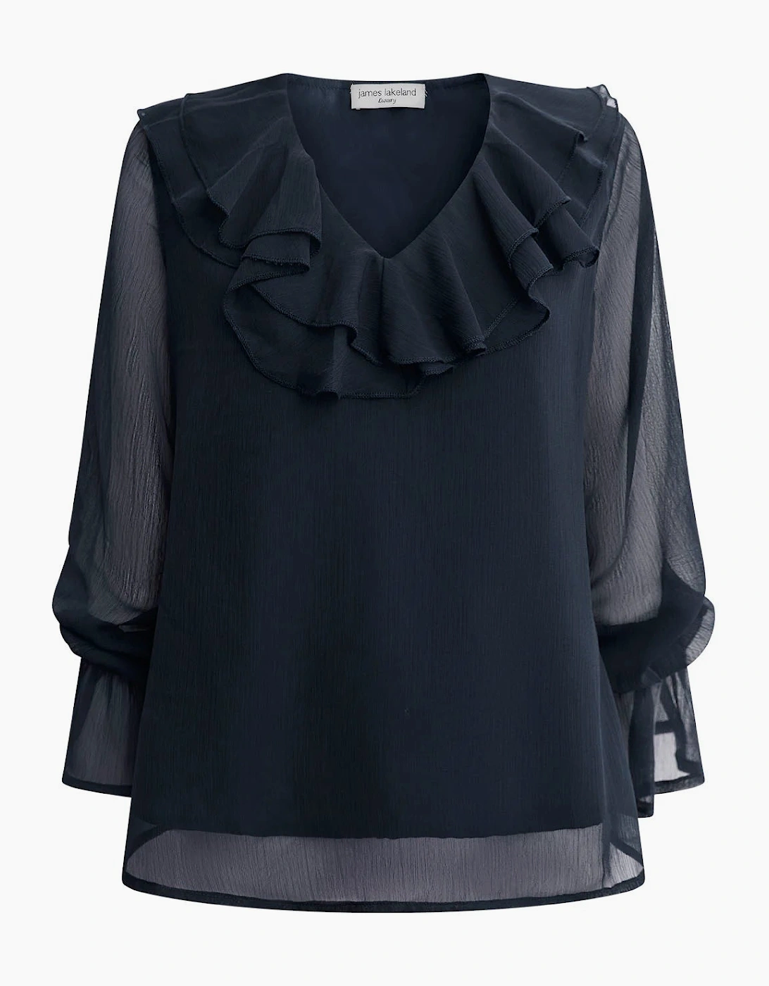 Navy Sheer-Sleeve Ruffle Blouse