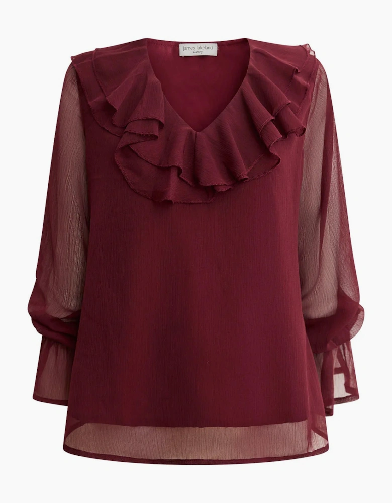 Burgundy Sheer-Sleeve Ruffle Blouse