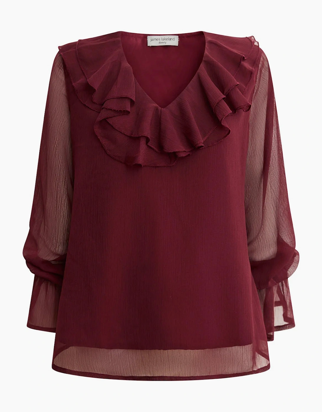 Burgundy Sheer-Sleeve Ruffle Blouse