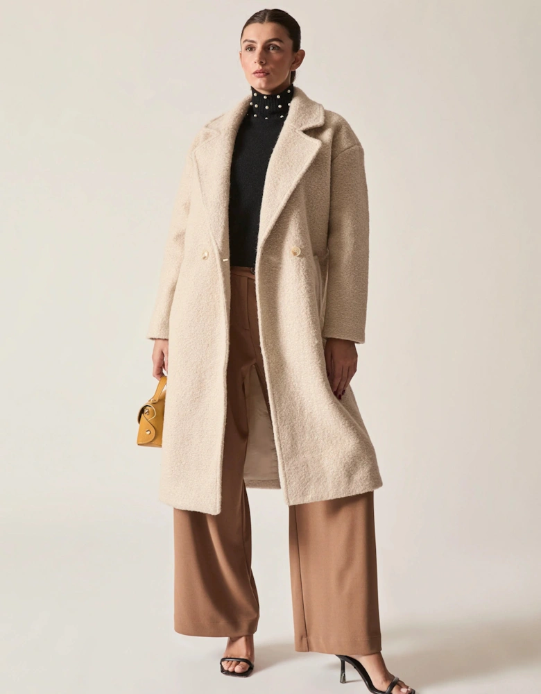 Cream Textured Double-Breasted Long Coat