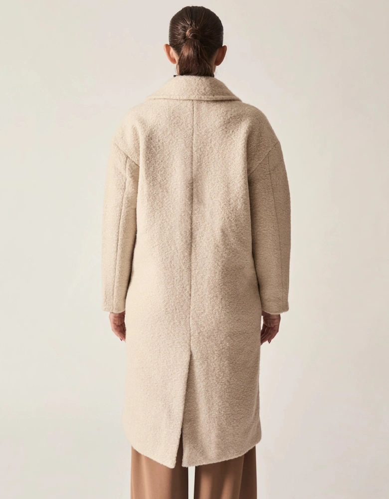 Cream Textured Double-Breasted Long Coat