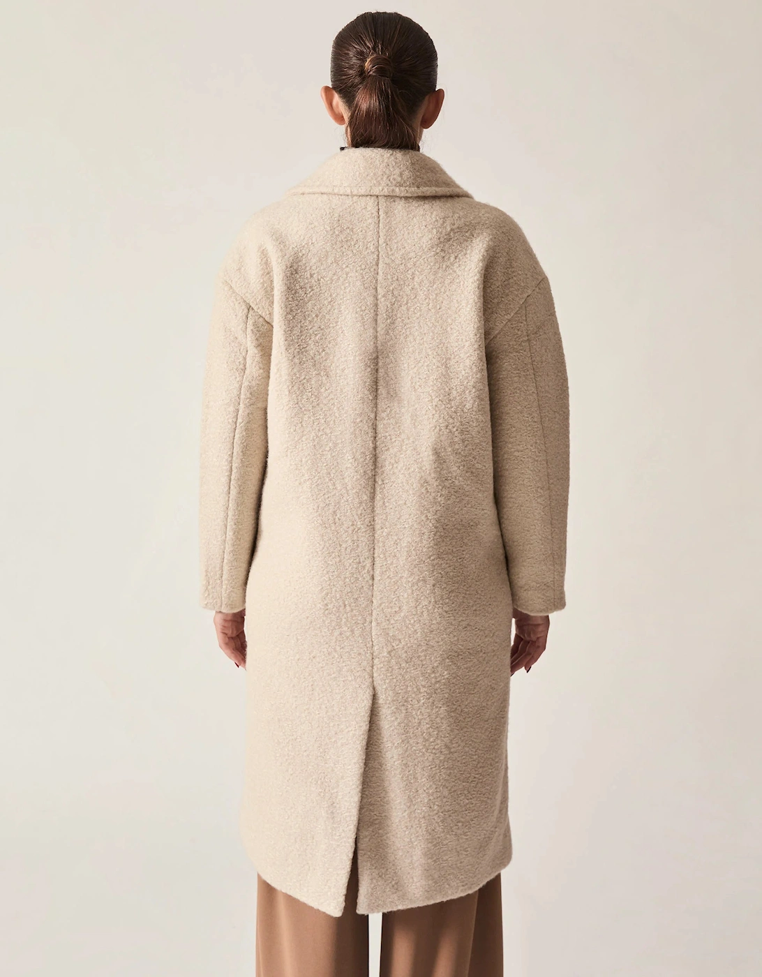 Cream Textured Double-Breasted Long Coat