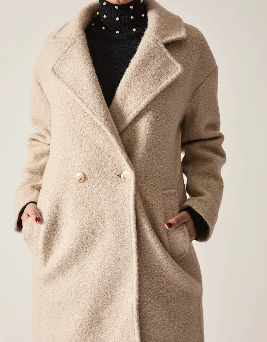 Cream Textured Double-Breasted Long Coat