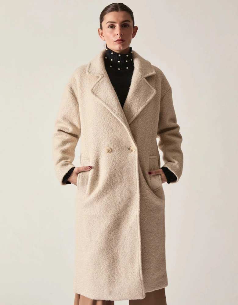 Cream Textured Double-Breasted Long Coat